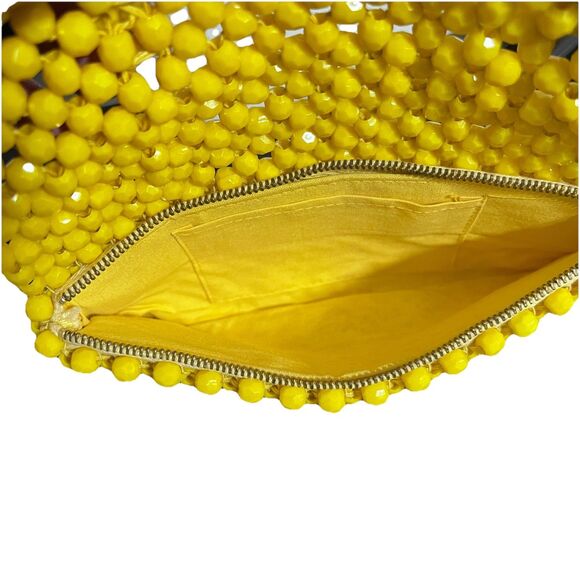 Yellow Hand Beaded Clutch Retro Inspired Faceted Bead Zip Pouch Evening Bag EUC - Picture 7 of 11